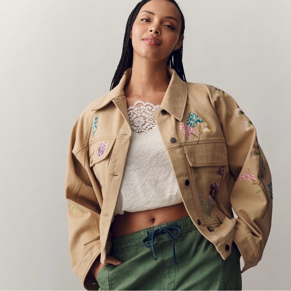 Anthropologie Beige Jean Jacket with Floral Details - Picture 9 of 12